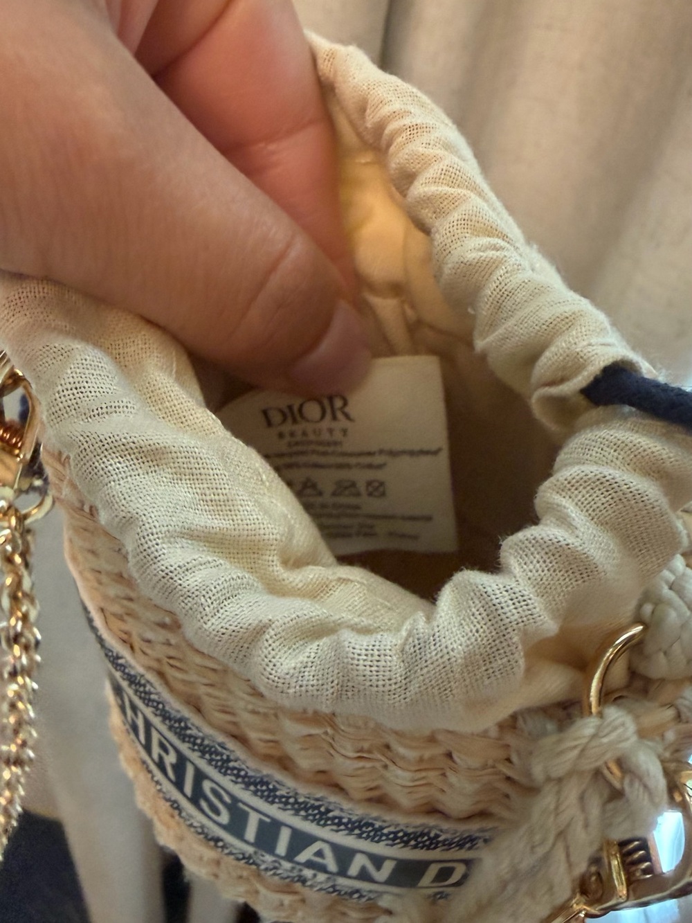 Dior Mini Raffia Bucket Bag Natural and Navy with Gold Chain and original strap - Picture 3 of 12